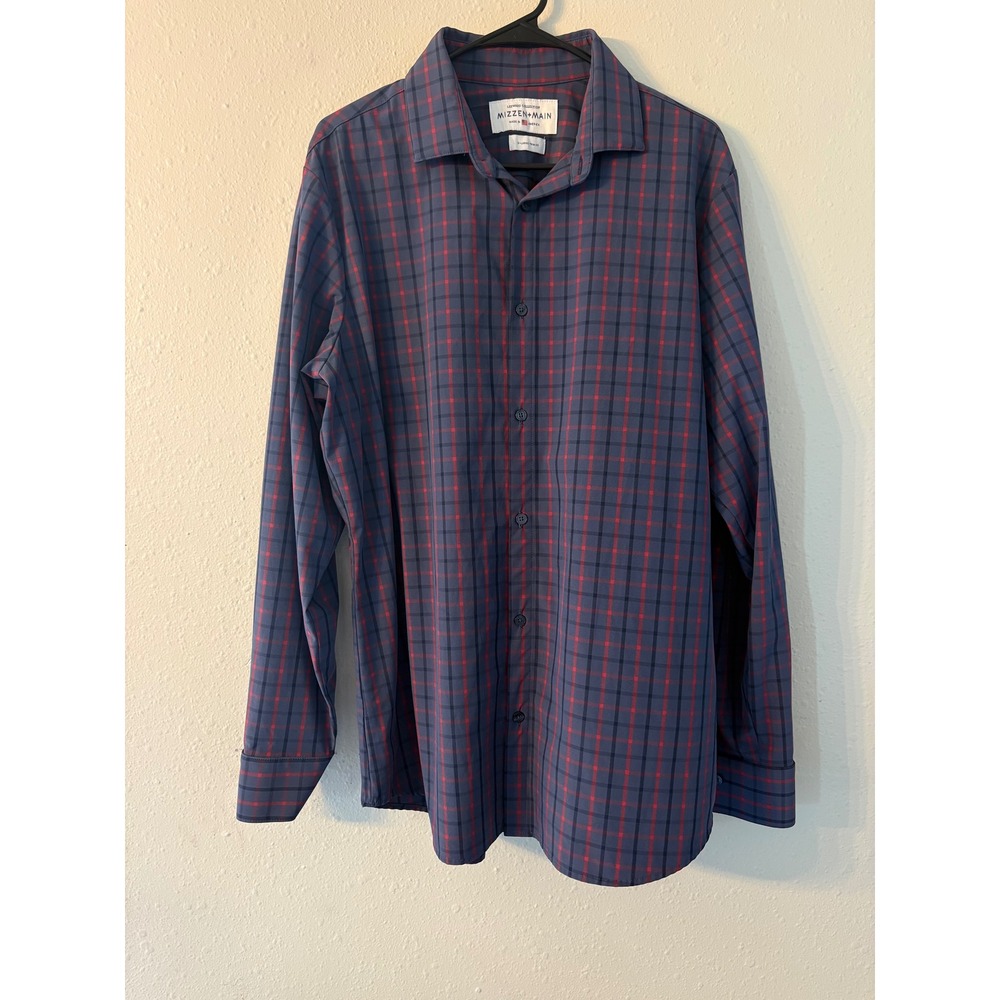 Mizzen + Main Leeward Collection Plaid Trim Fit Shirt XL Navy Red Performance